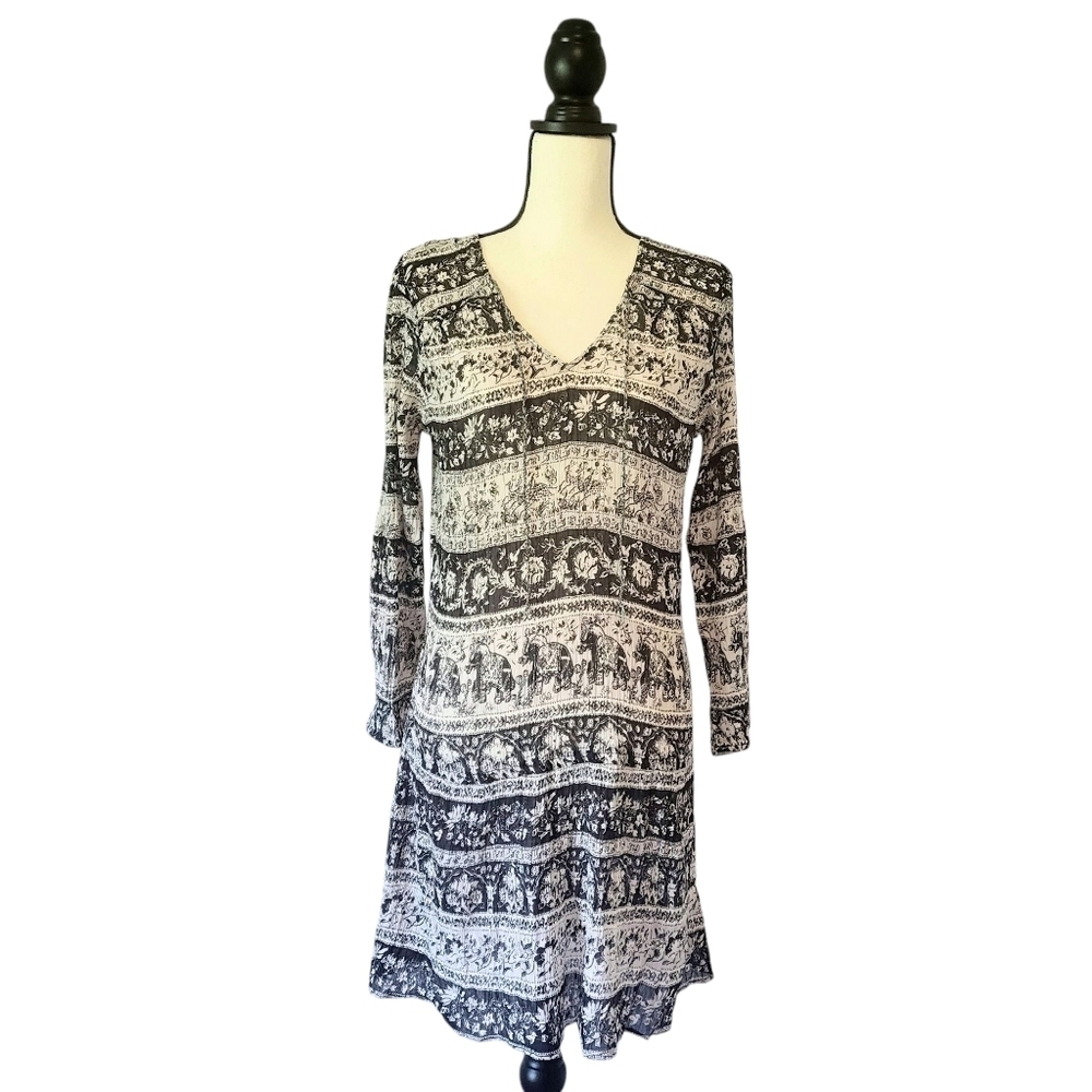 Joie Vork Black White Elephant Print Semi Sheer 3/4 Sleeve Dress Size M